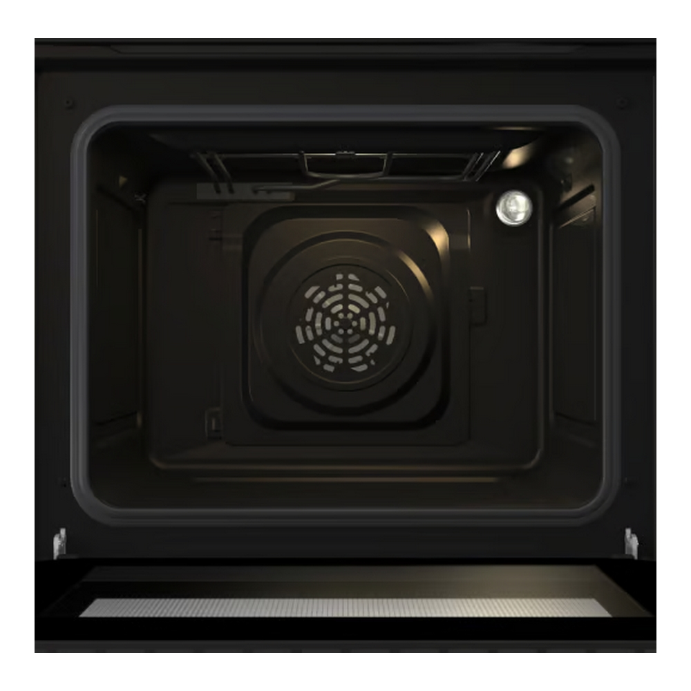Interno di un forno con la porta aperta. L'interno è nero, con luce e ventola.