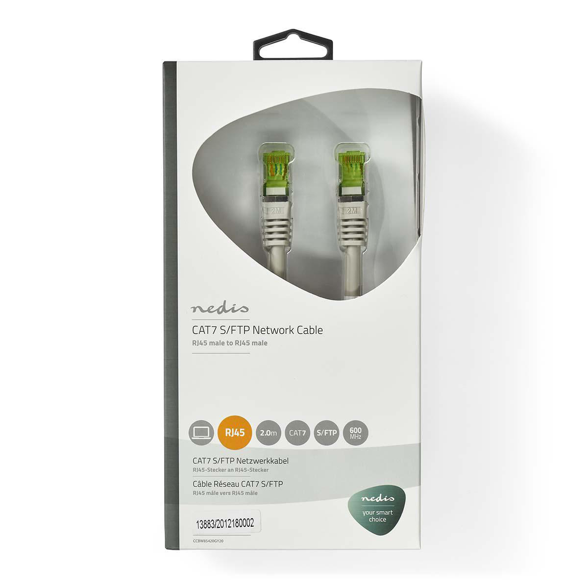 Network cable in a package, white with green connectors.