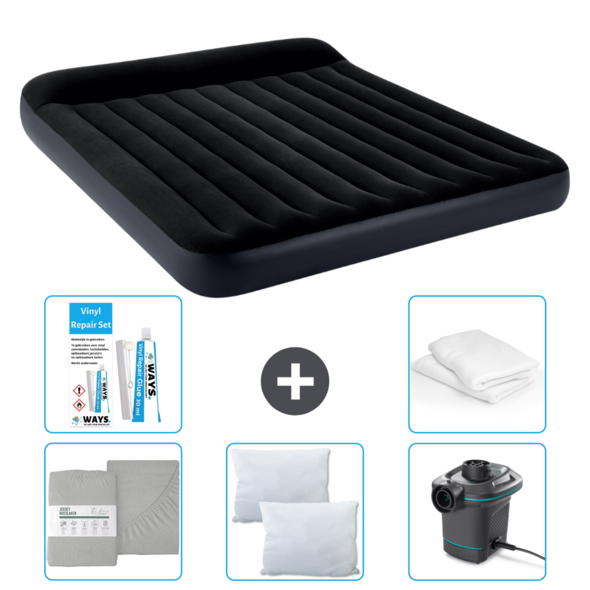 Zwart luchtbed, reparatieset, grijze lakens, kussens en pomp.