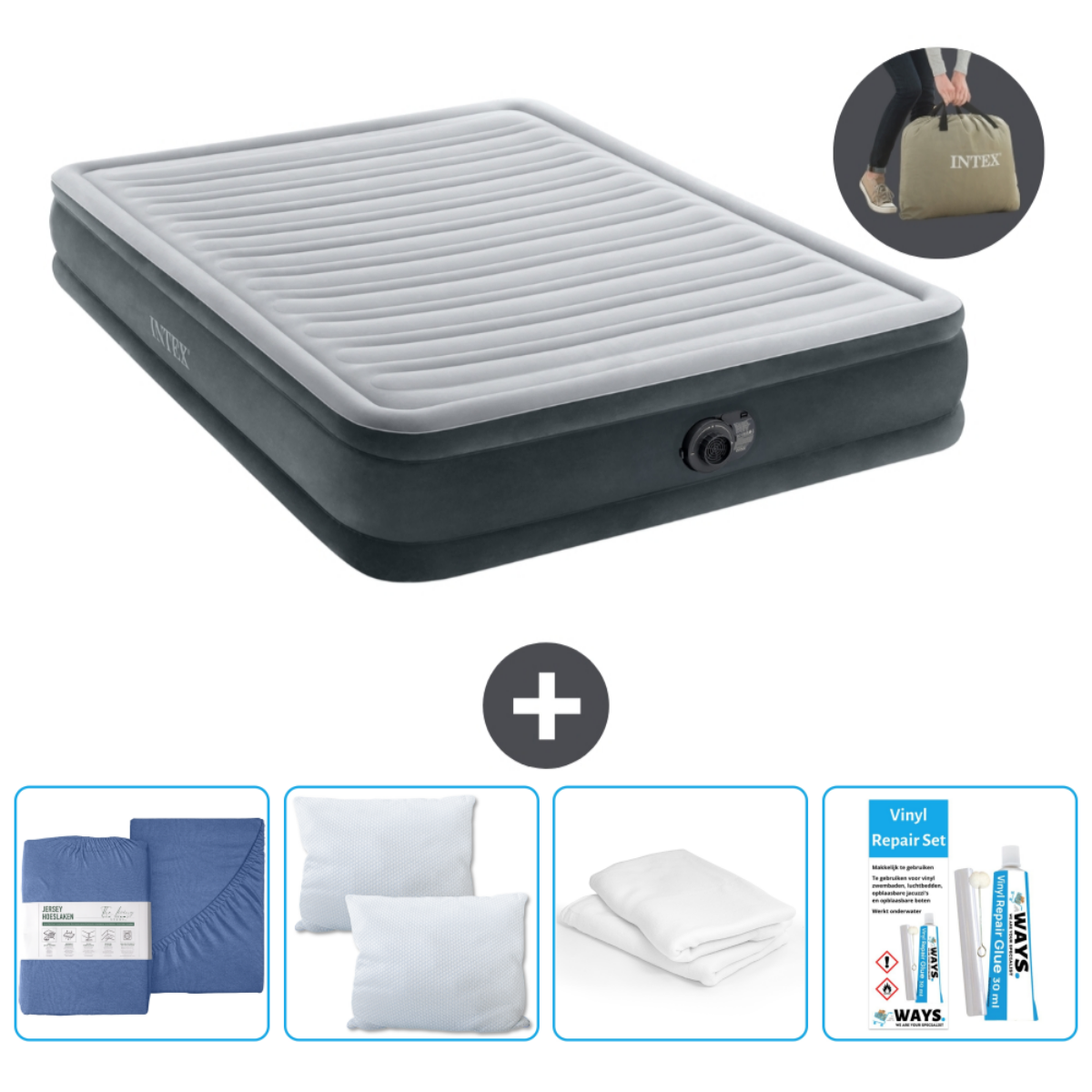 Grijs Intex luchtbed, lakens, kussens en reparatieset. Plus-symbool en draagtas.