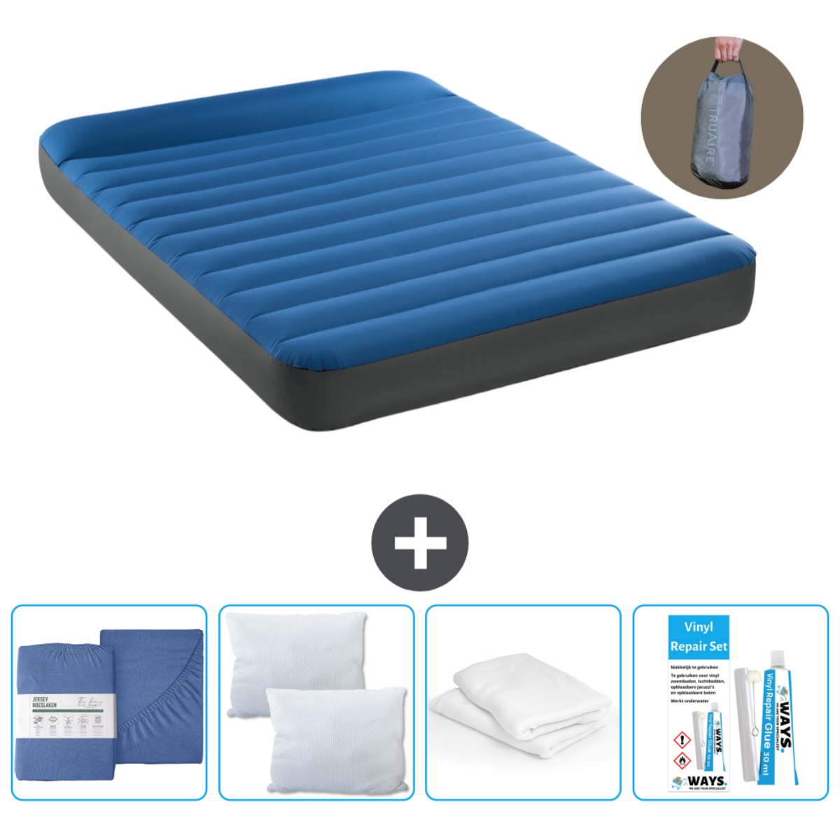 Blauwe opblaasbare matras met lakens, kussens, reparatieset en draagtas.