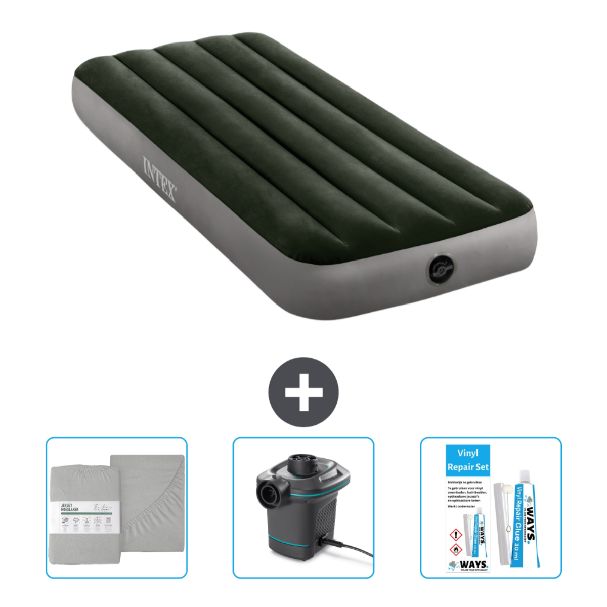 Matelas gonflable vert avec draps, pompe et kit de réparation.