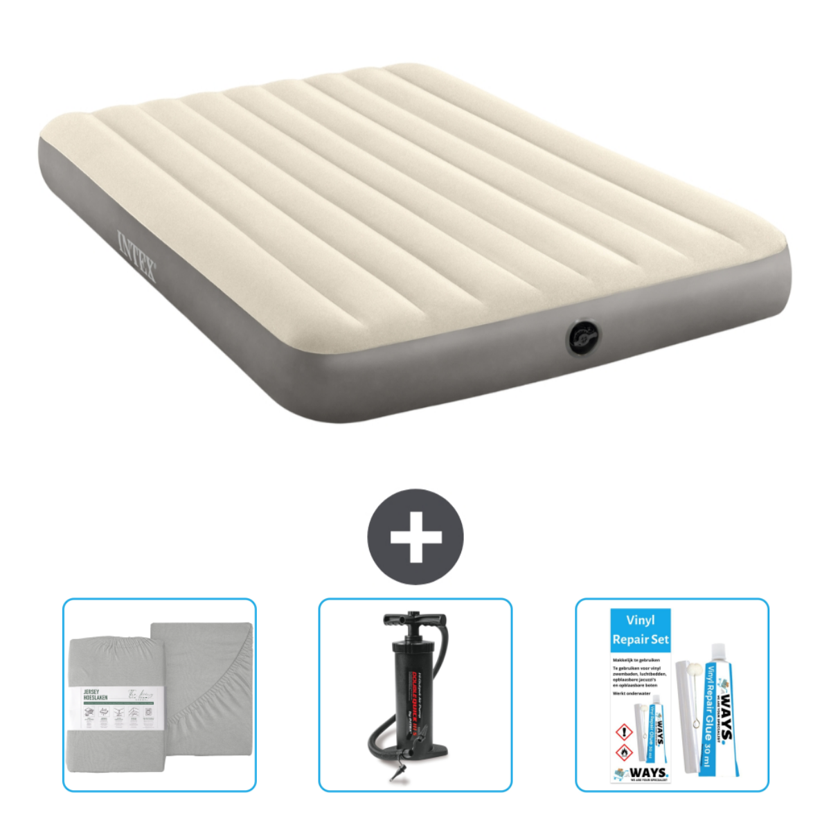 Matelas gonflable beige avec pompe, draps et kit de réparation. Fond blanc.