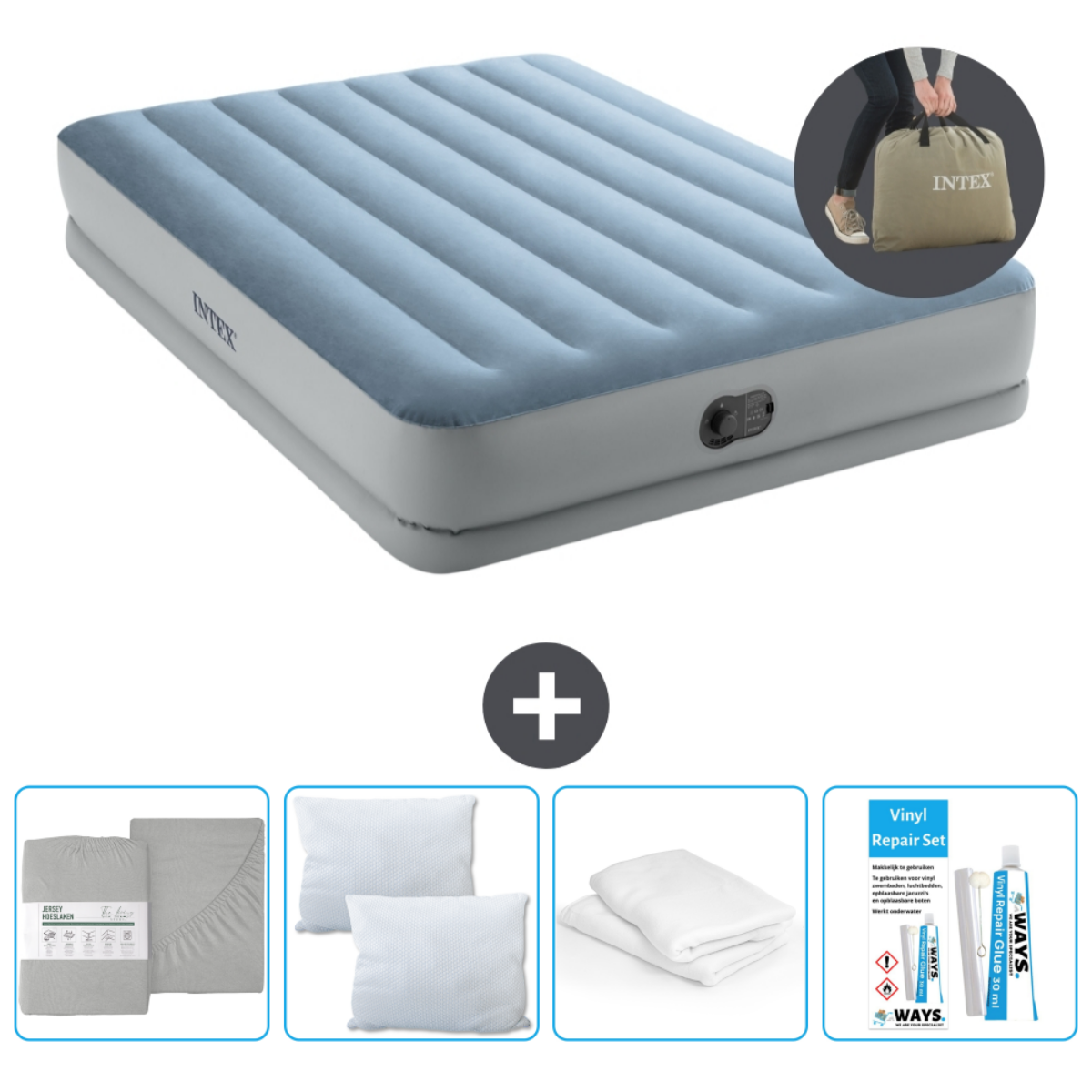 Blauwe en grijze opblaasbare matras met lakens, kussens, reparatieset, Intex en draagtas.