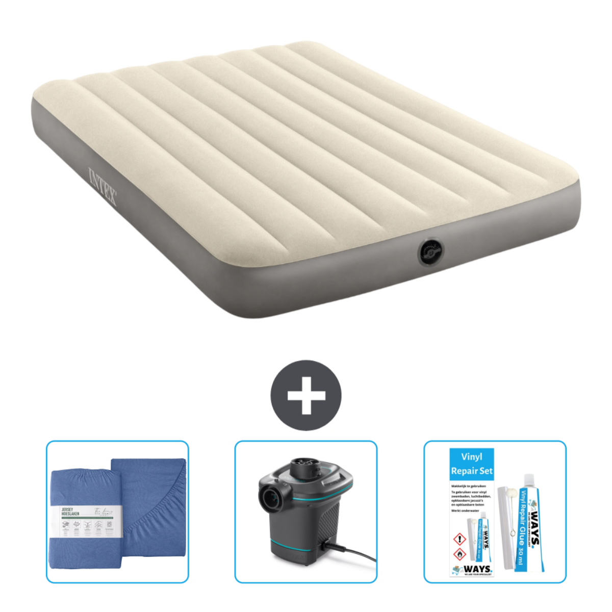 Matelas gonflable beige avec draps, pompe et kit de réparation.