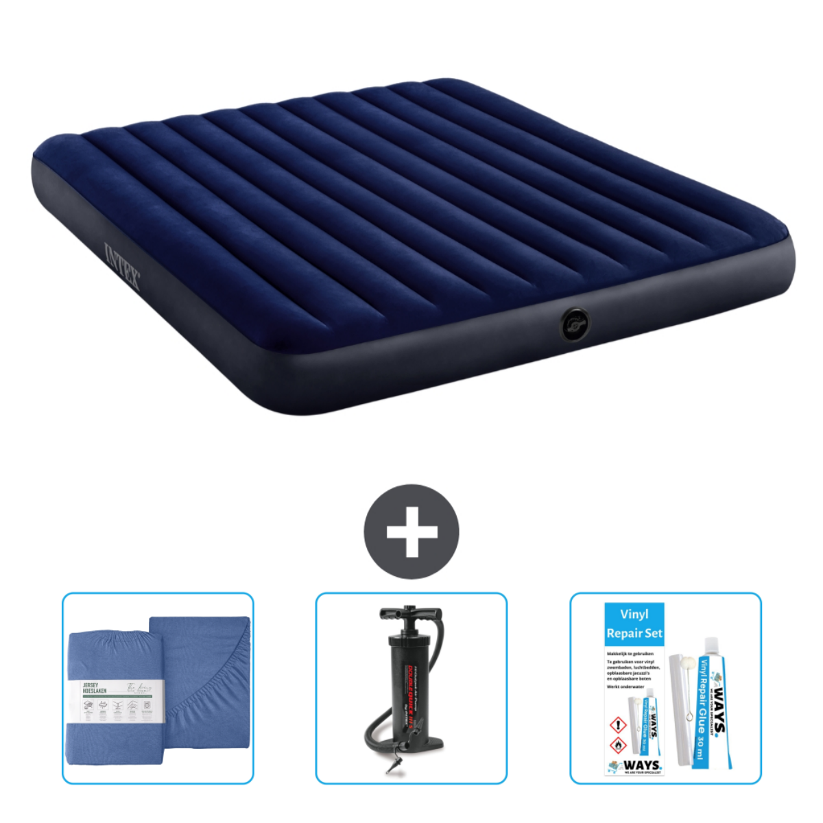 Een donkerblauw opblaasbaar matras met een pomp, lakenset en reparatieset.