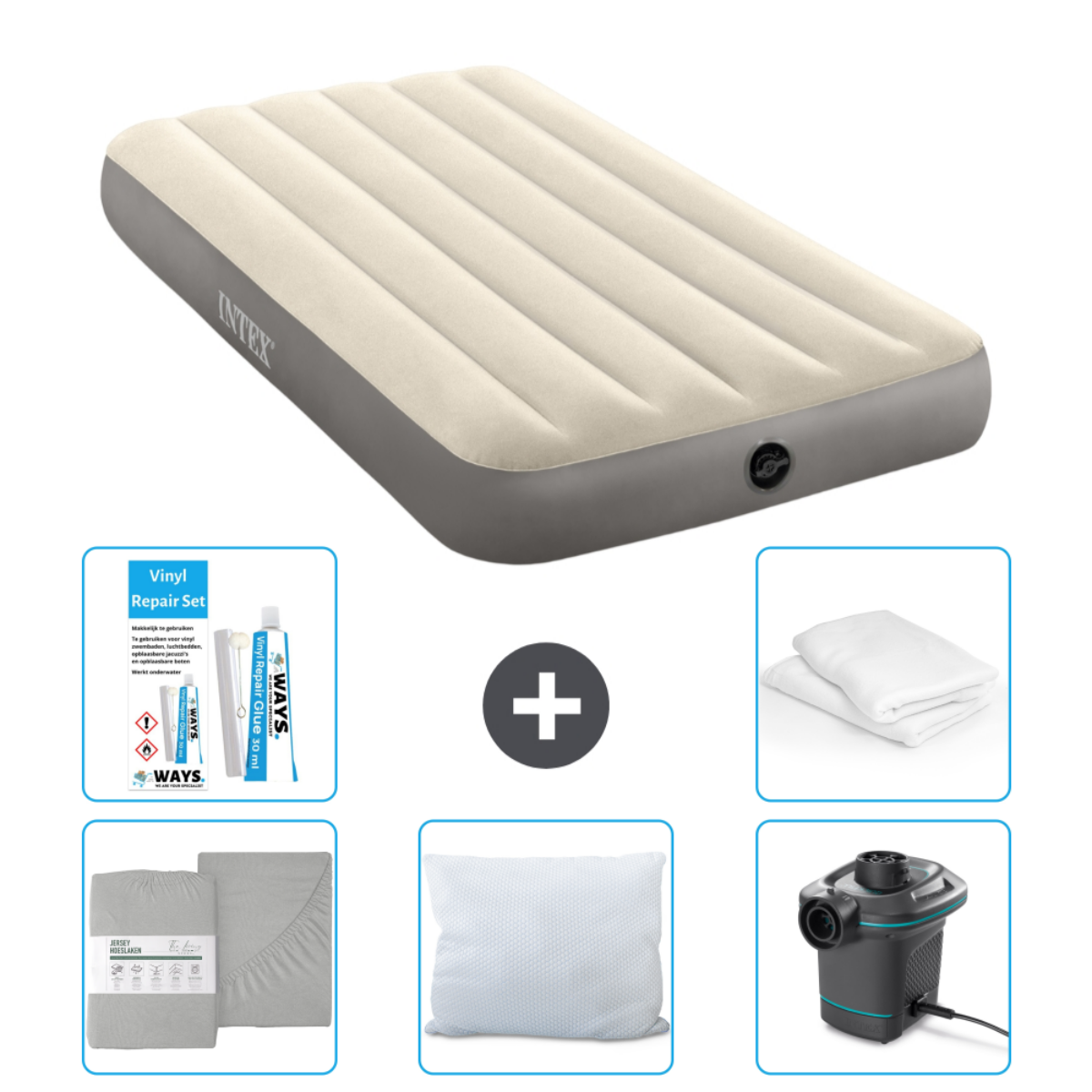 Beige opblaasbare matras met lakens, pomp, reparatieset en kussen. Merk Intex.