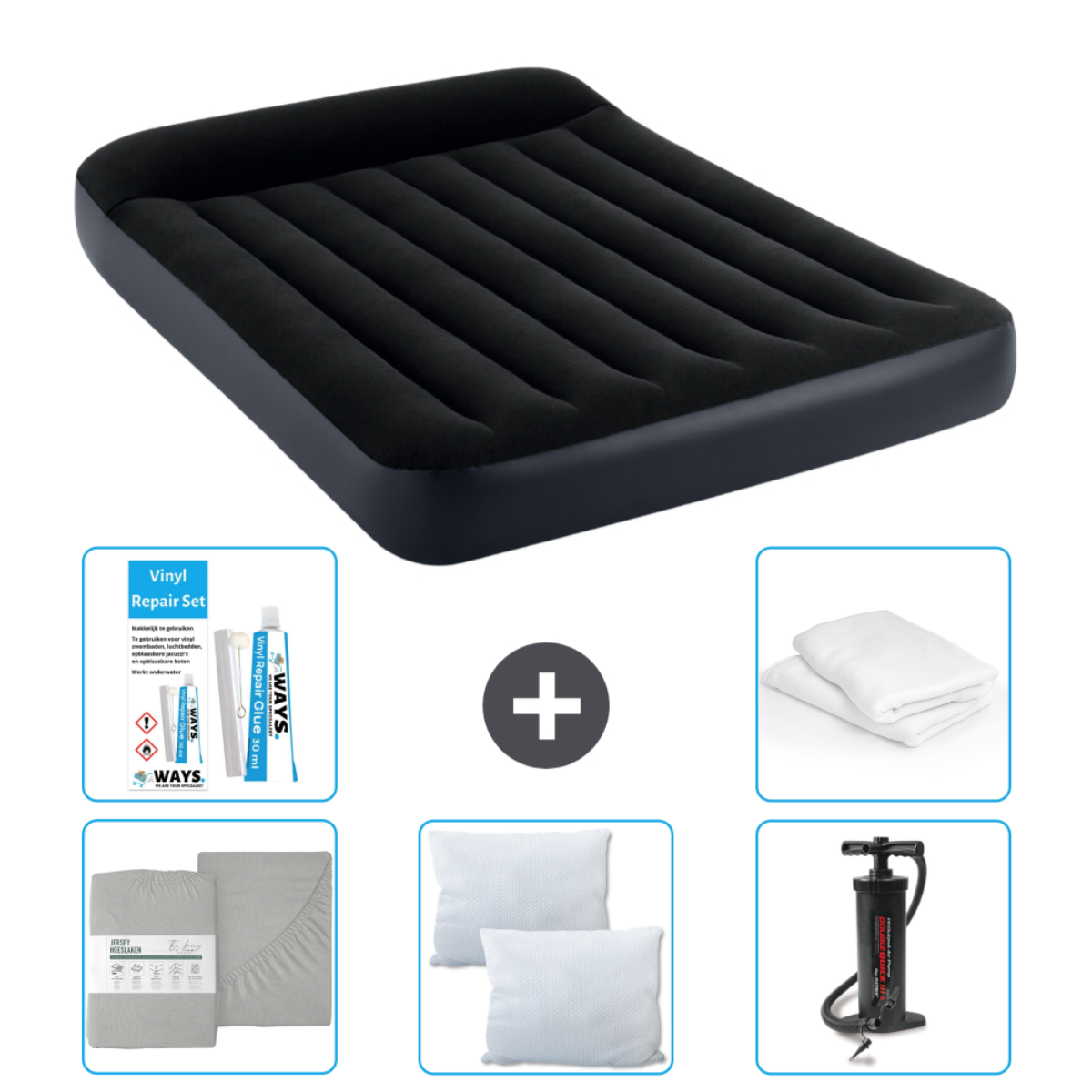Zwart luchtbed met reparatieset, lakens, kussens en een pomp.
