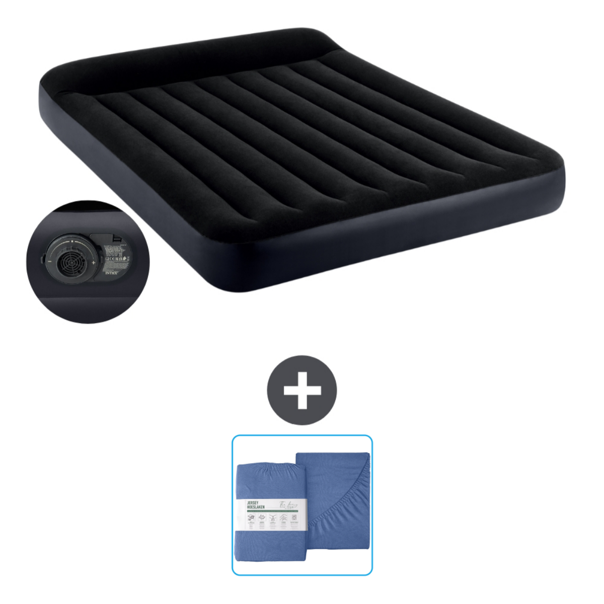 Een zwart opblaasbaar matras met een lakenset.