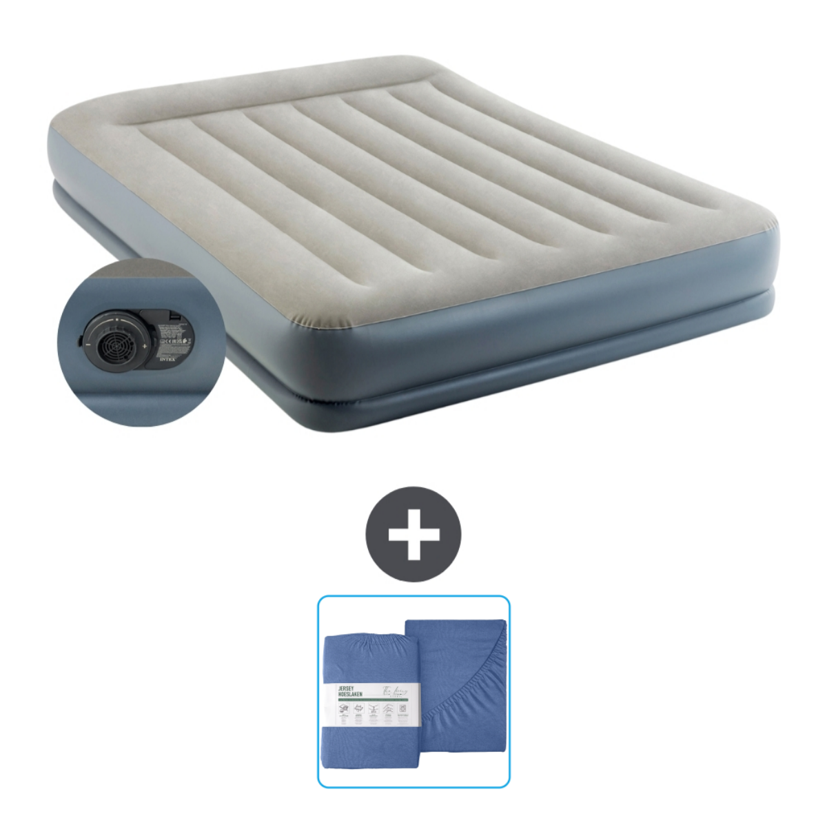Matelas gonflable Intex beige avec draps bleus. Fond blanc.
