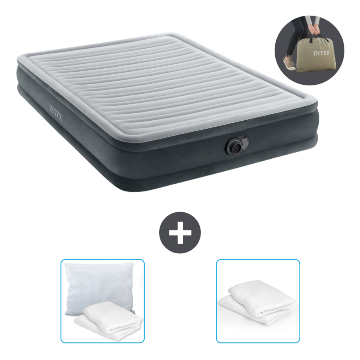 Donkergrijs Intex luchtbed met kussen, witte lakens en Intex draagtas.