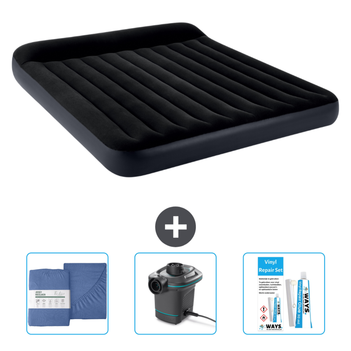 Matelas pneumatique noir, draps, pompe et kit de réparation.