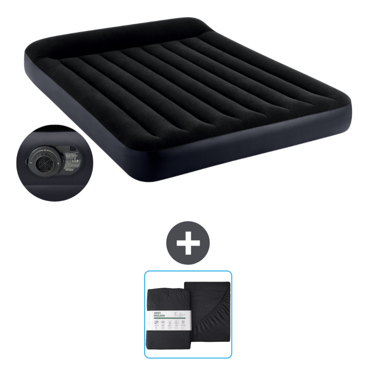 Zwarte opblaasbare matras met lakens. Inclusief pomp. Merk Intex.