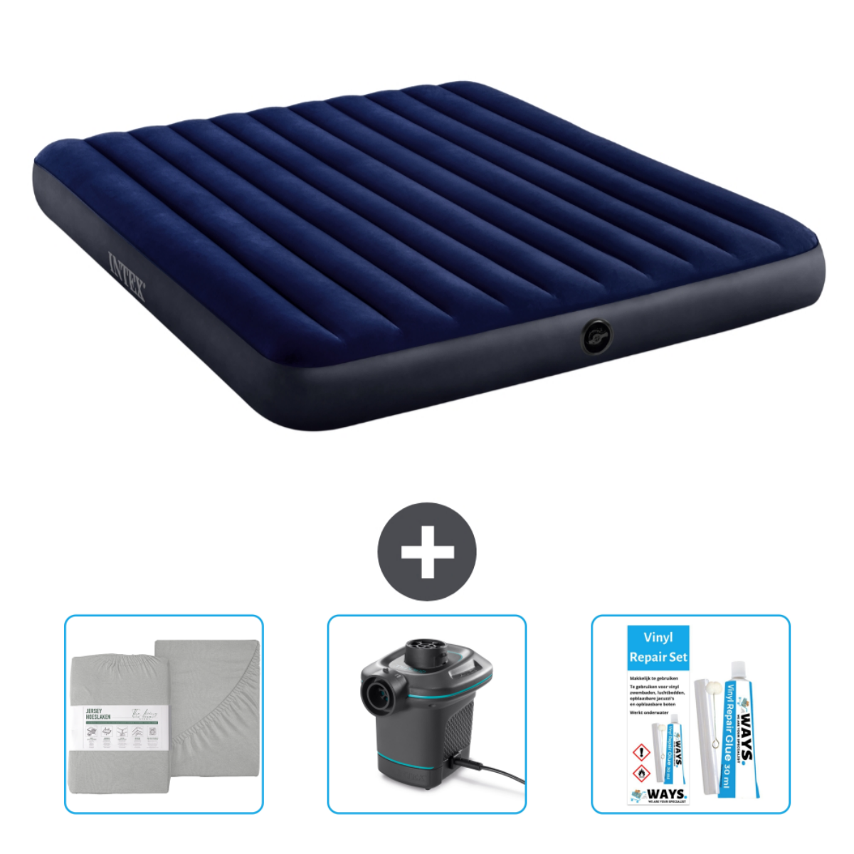 Marineblauwe opblaasmatras met pomp, reparatieset en beddengoedset.