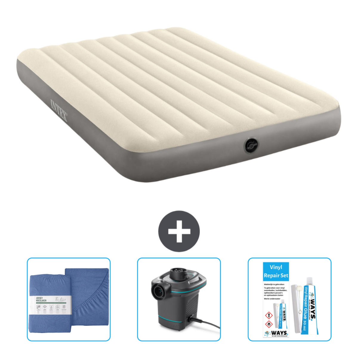 Beige opblaasbare matras met lakens, pomp, reparatieset en kussens. Merk Intex.