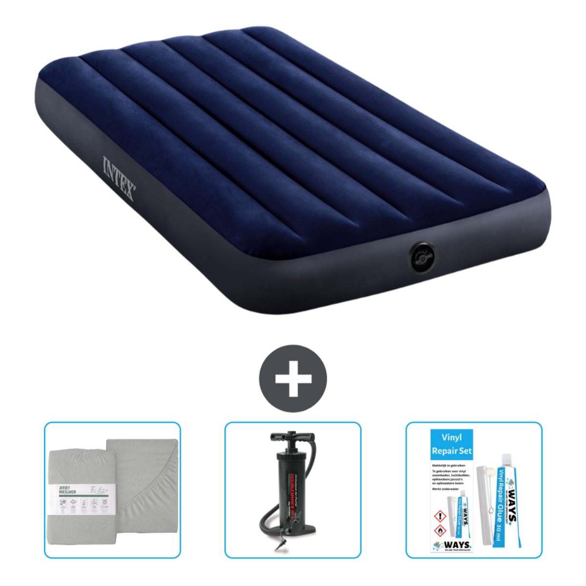 Matelas gonflable bleu avec draps, pompe et kit de réparation. Fond blanc.