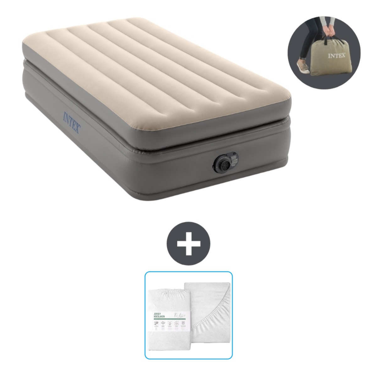 Beige opblaasbaar matras, grijze basis, met draagtas en lakens.