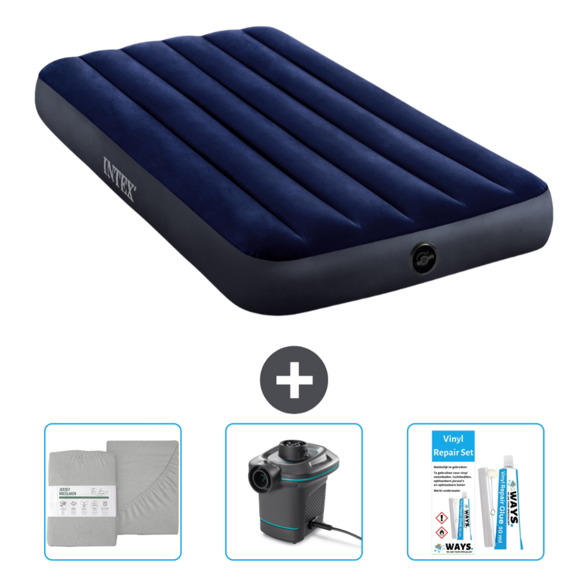 Matelas gonflable bleu avec pompe, ensemble de draps et kit de réparation.