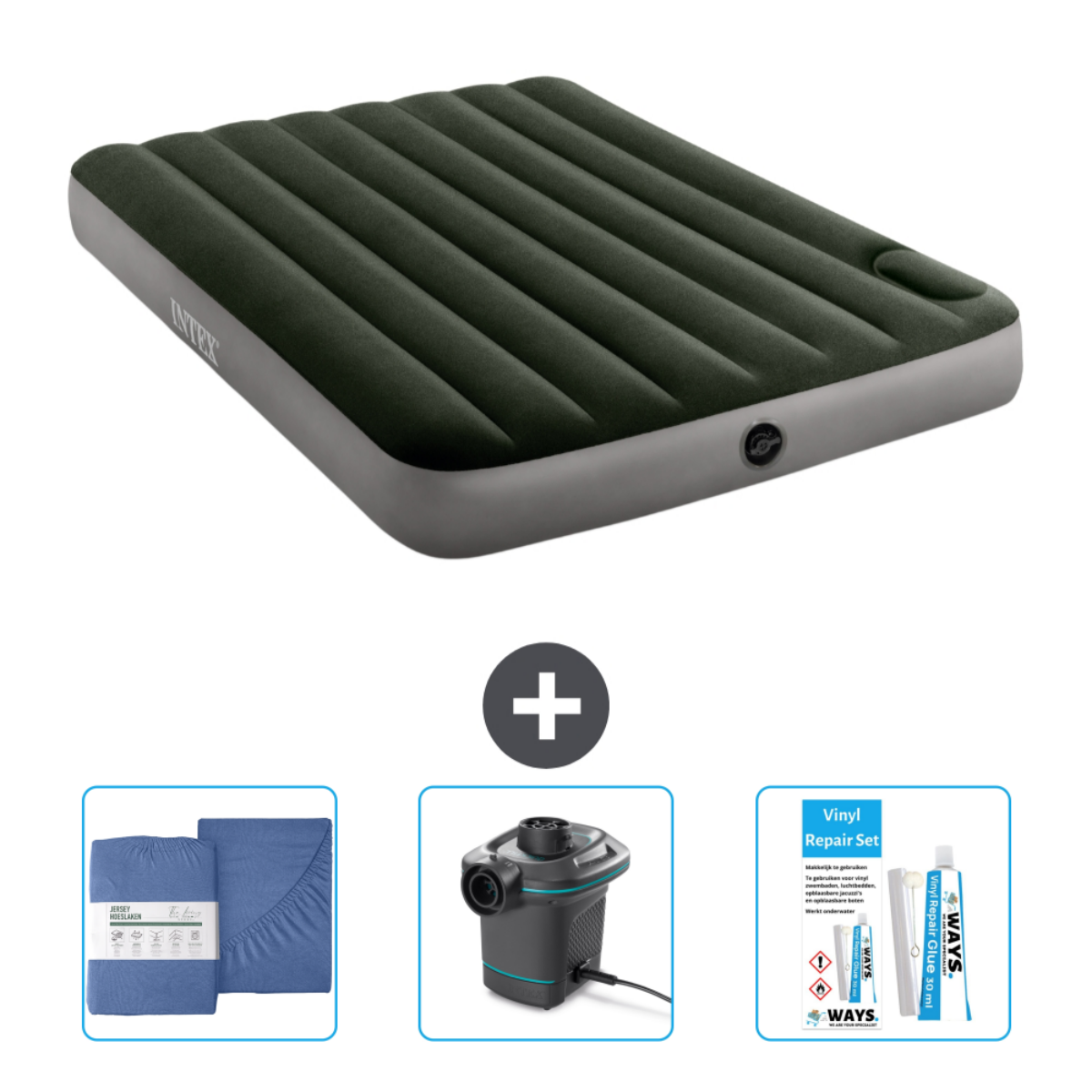 Een opblaasbed met accessoires: lakens, pomp en reparatieset.