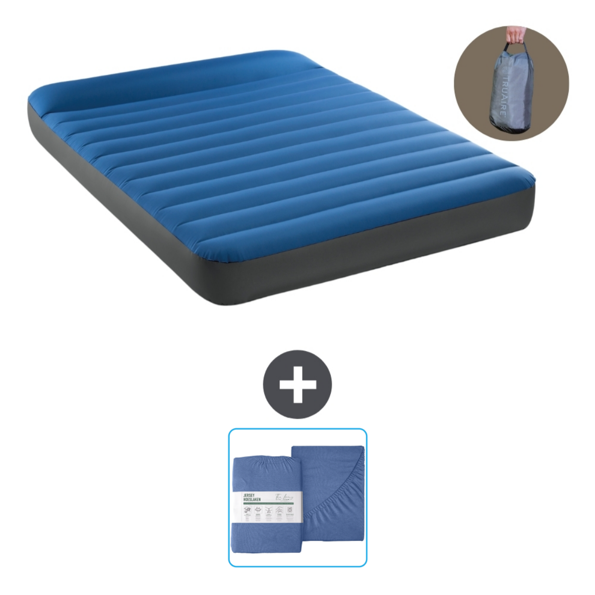 Blauw luchtbed met blauw beddengoed en een reparatieset.