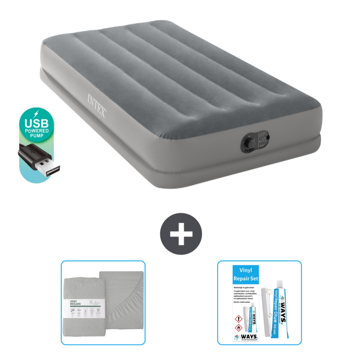 Grijs Intex luchtbed met USB-pomp, lakens en reparatieset. Plus-symbool.