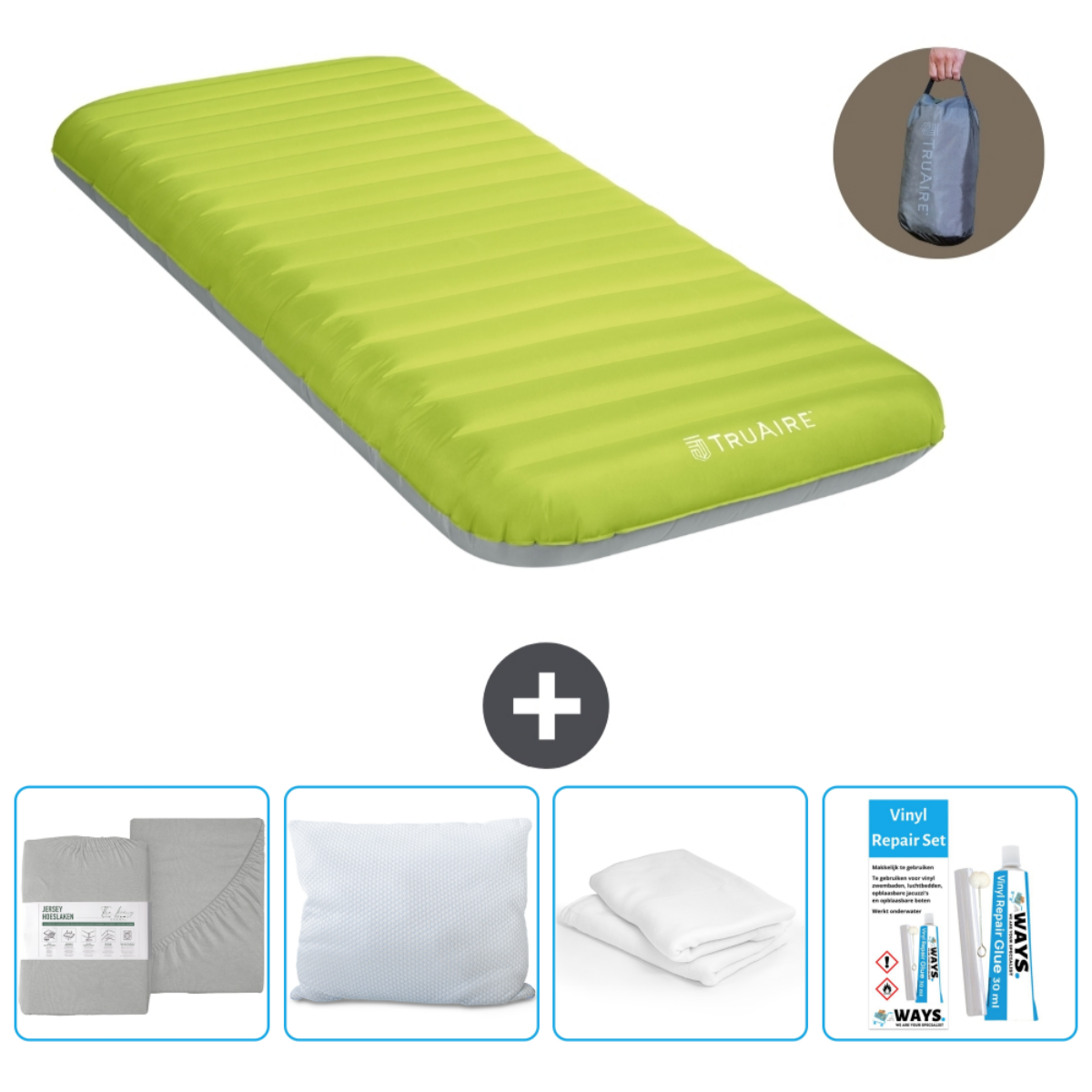 Groene opblaasbare matras met accessoires: kussen, lakenset, reparatieset en tas.