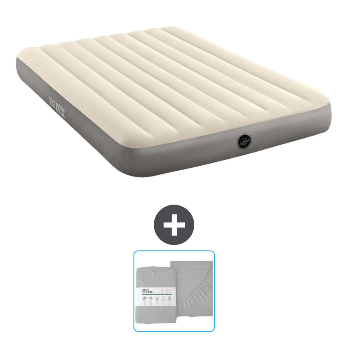 Een Intex luchtbed, beige en grijs, met een lakenset.