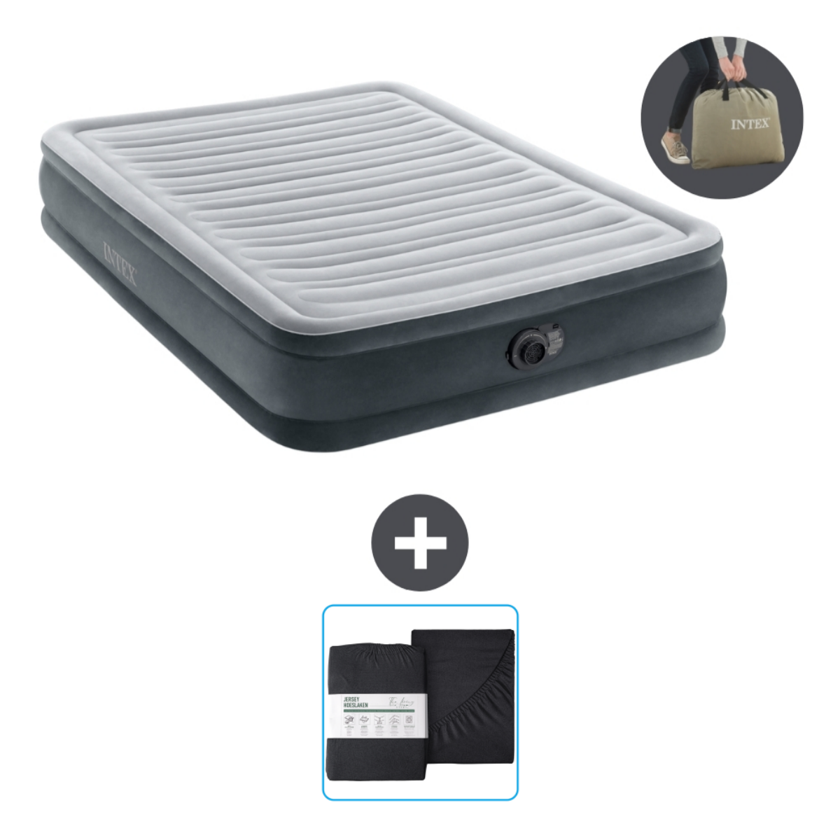 Un matelas gonflable, des draps et un sac de transport. Le matelas est gris et gris foncé. Le sac est beige.