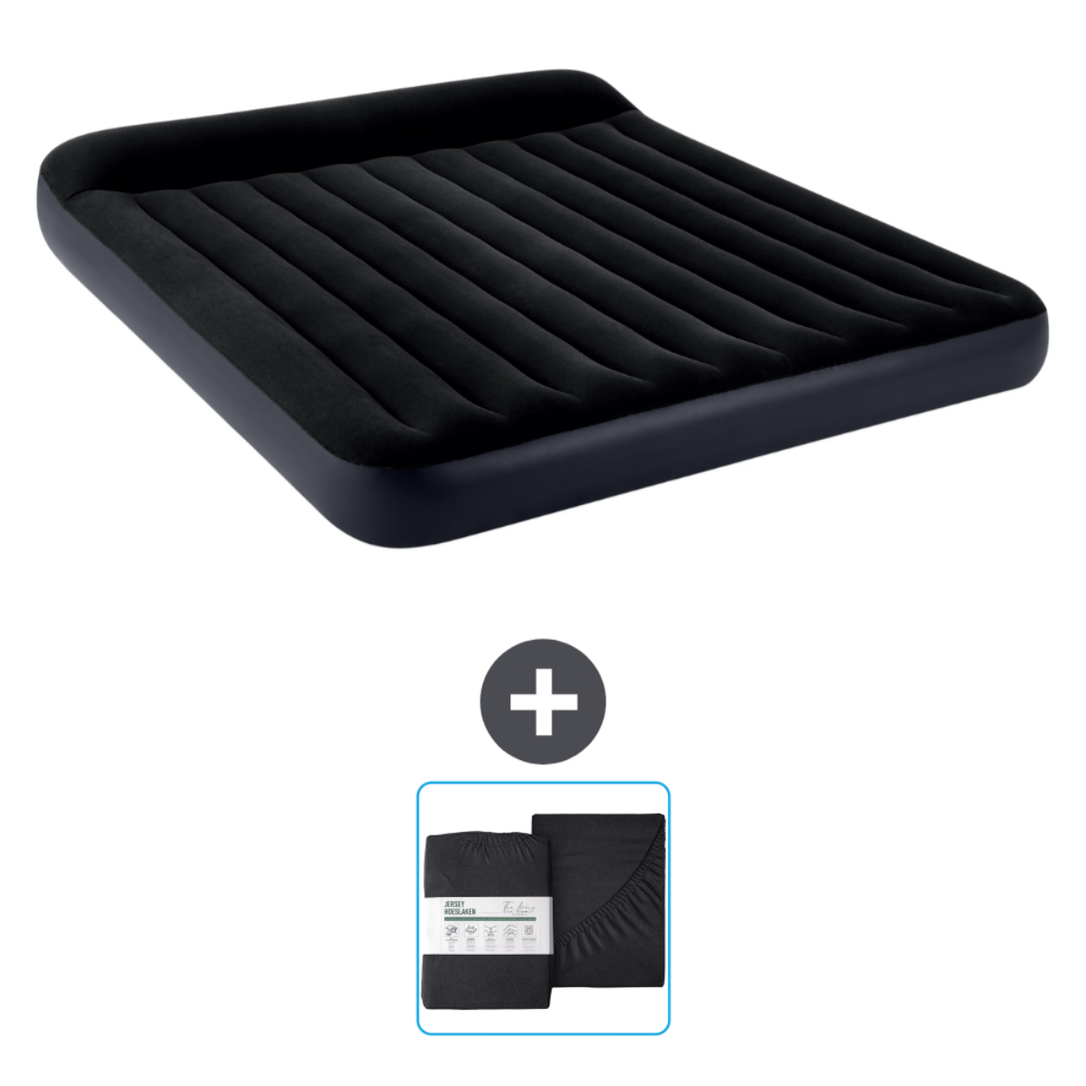 Zwarte opblaasmatras met een beddengoedset.