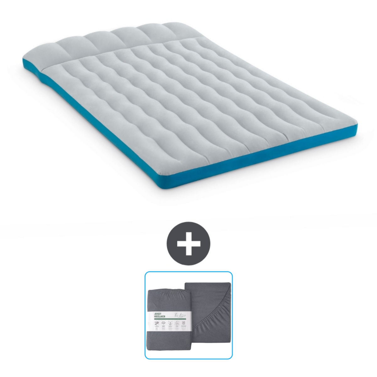 Un matelas gonflable gris avec bordure bleue et draps inclus.