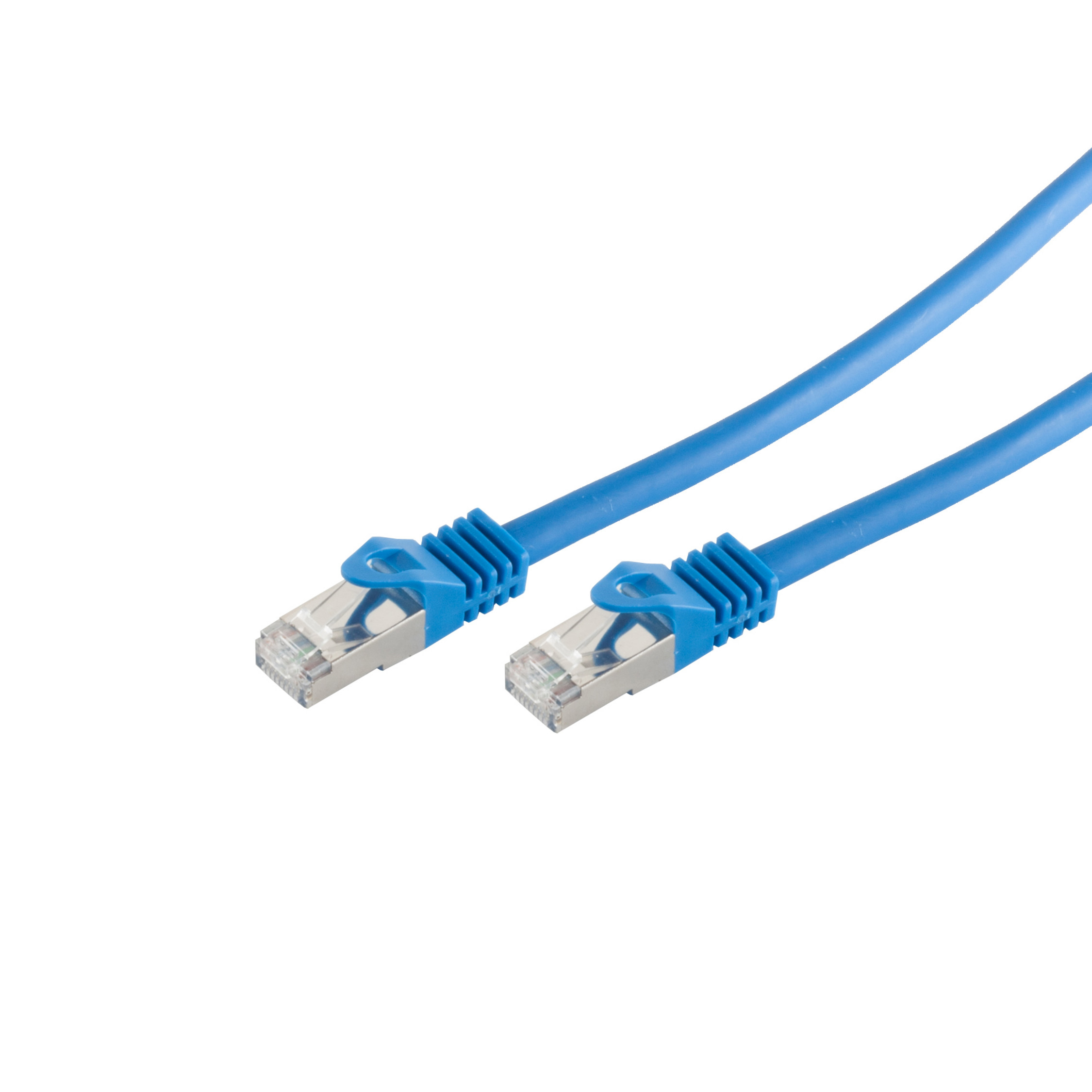 Due cavi di rete blu con connettori. I connettori sono blu con parti argentate. Sfondo bianco.