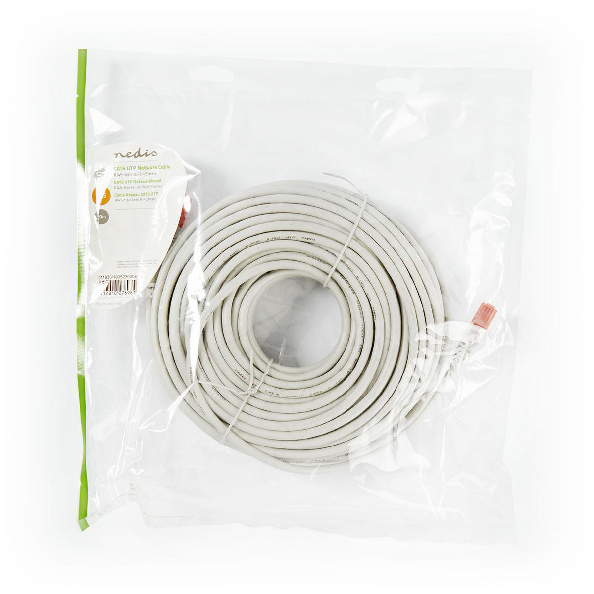 Cavo di rete CAT6 UTP in sacchetto di plastica trasparente, arrotolato.