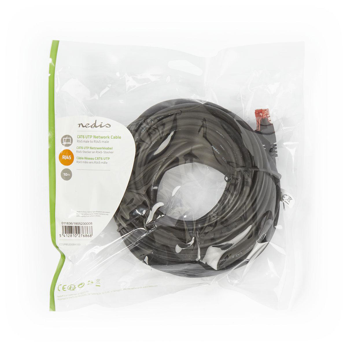Sacchetto di plastica trasparente sigillato contenente un cavo di rete nero con connettori RJ45.
