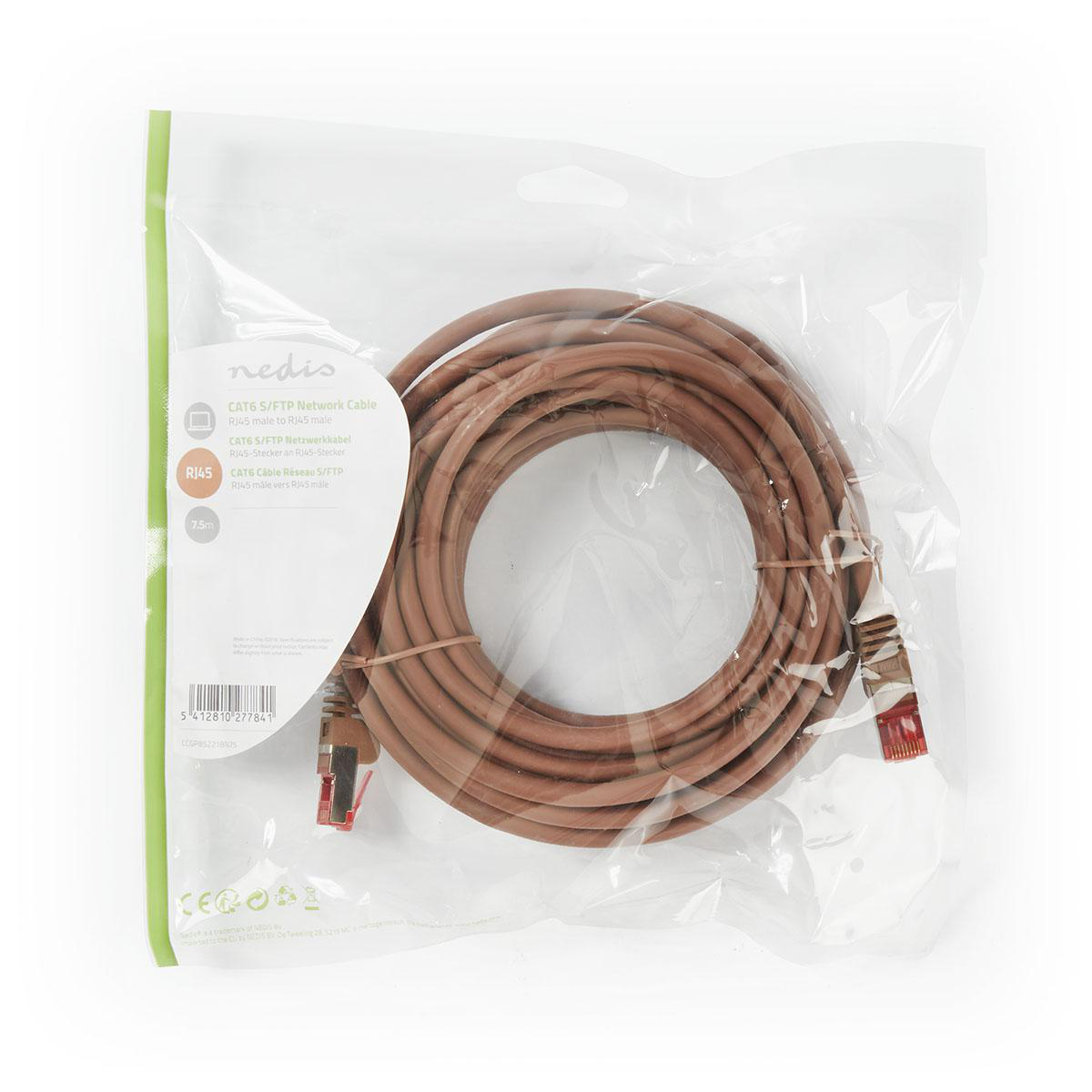 Ein braunes CAT6 S/FTP Netzwerkkabel in einer Plastikverpackung.