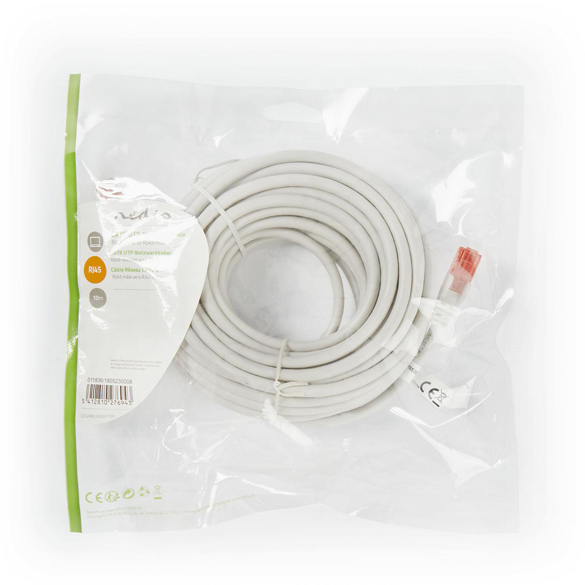 Un cavo di rete bianco arrotolato in un sacchetto di plastica trasparente con un connettore rosso.