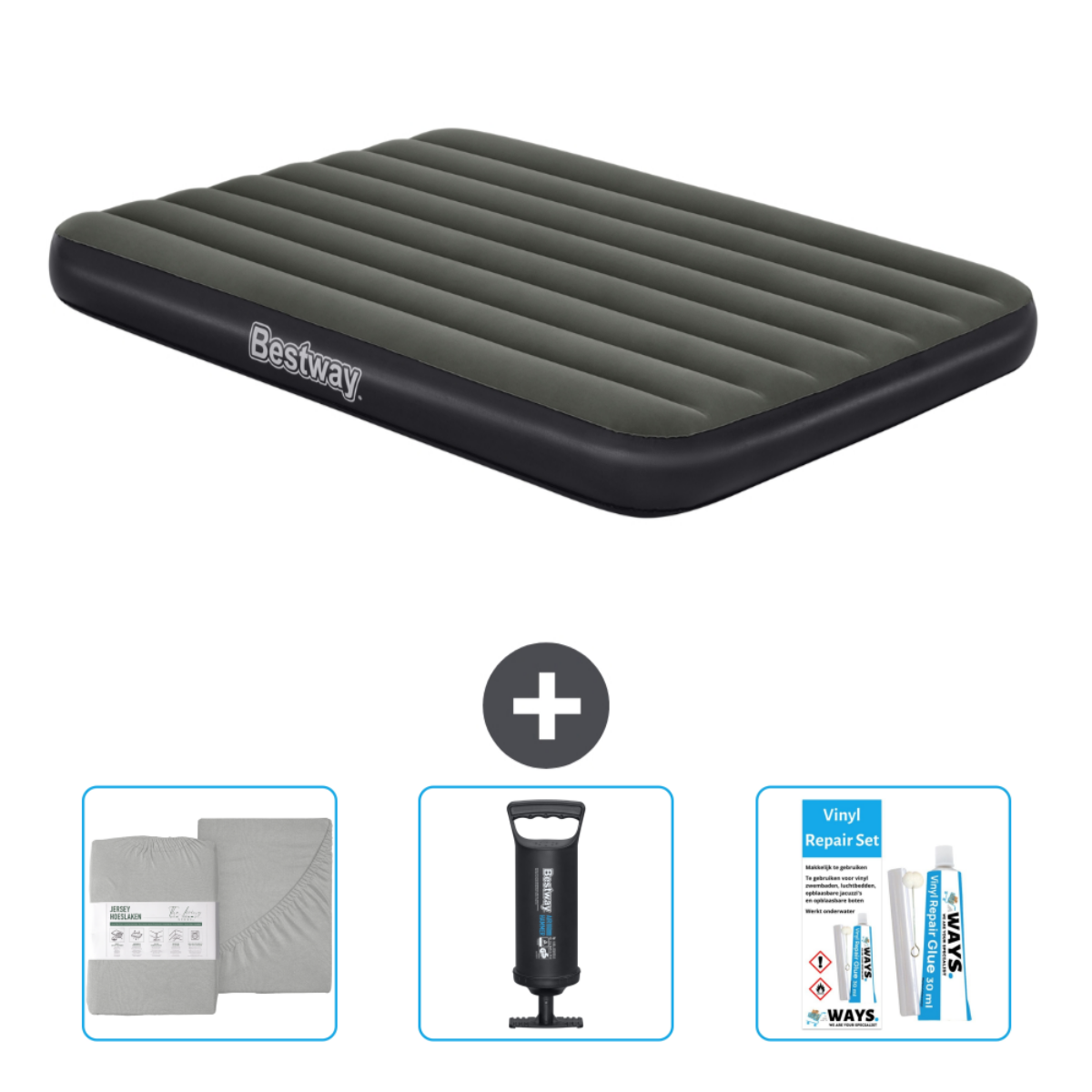 Grijs luchtbed met Bestway logo, lakenset, pomp en reparatieset.