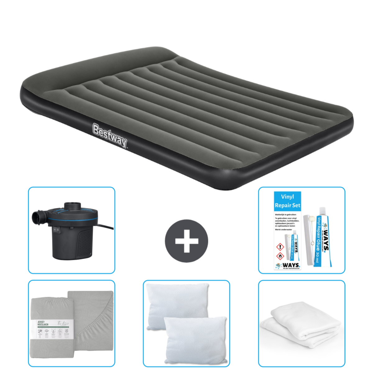 Matelas gonflable noir, pompe, oreillers, draps et kit réparation.