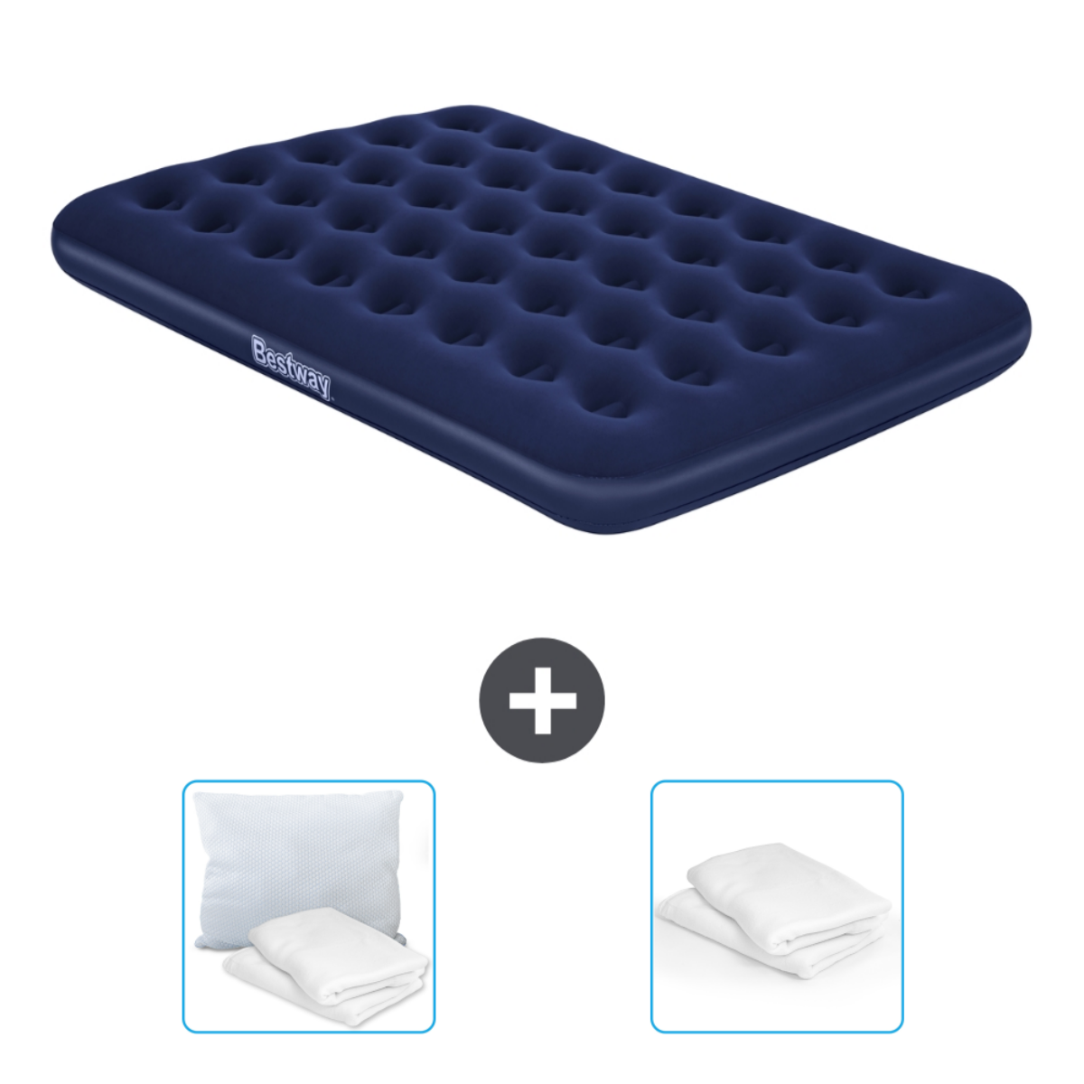 Donkerblauw opblaasbaar matras met Bestway-logo, kussens en lakens.