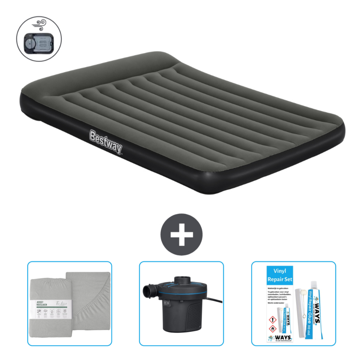 Matelas gonflable gris avec pompe, ensemble de draps et kit de réparation sur fond blanc.