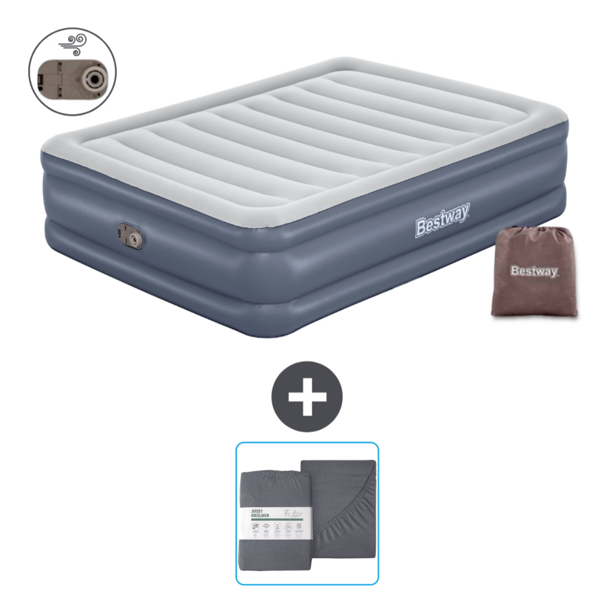 Grijze en witte opblaasmatras met Bestway logo, luchtpomp en beddengoedset.