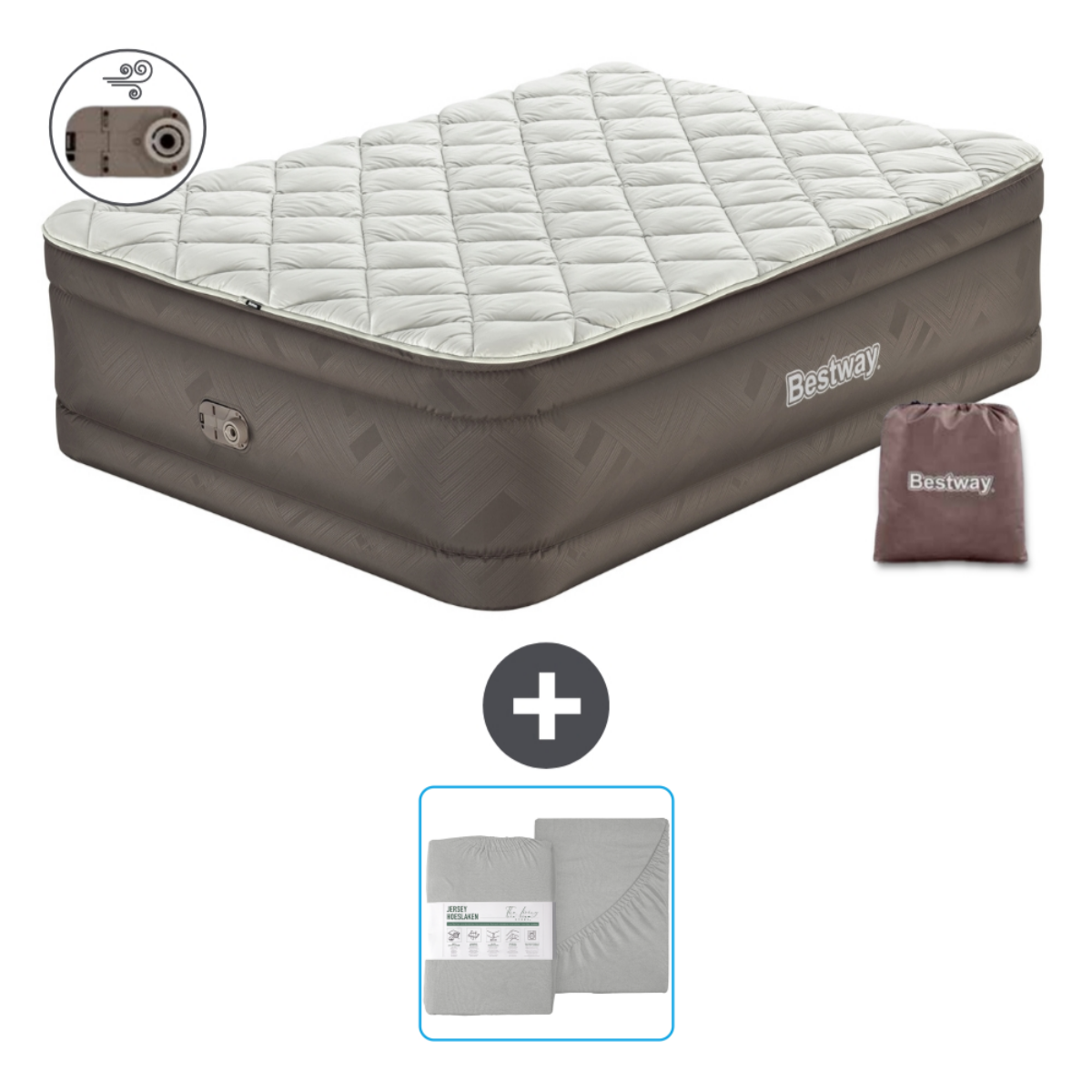 Matelas gonflable gris avec logo Bestway, draps et sac de transport.