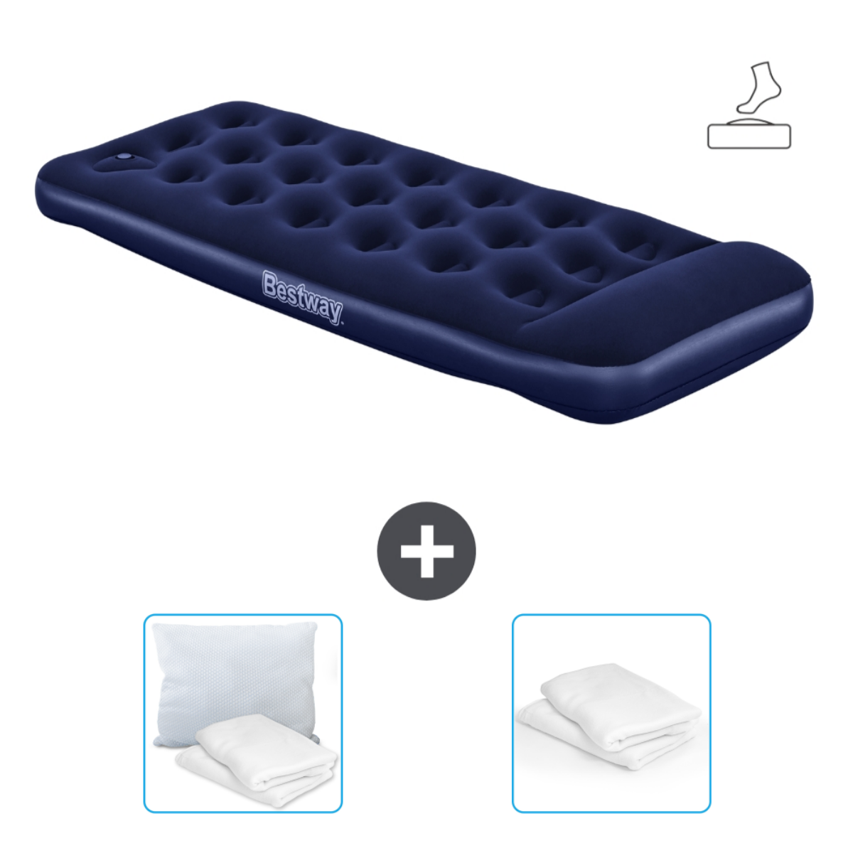 Marineblauw luchtbed met Bestway-logo, kussen en lakens. Plus teken tussen objecten.