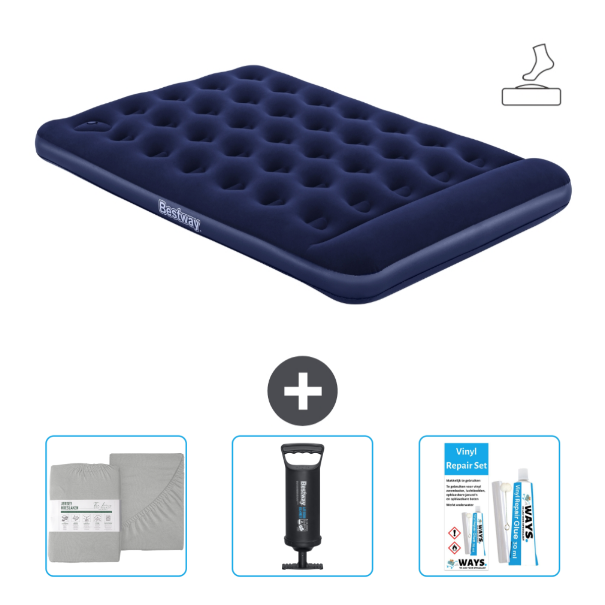 Blauw luchtbed met Bestway-logo, pomp, reparatieset en grijze lakens.
