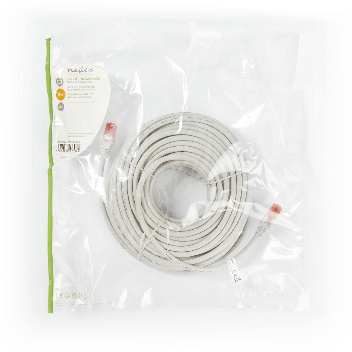 Un sacchetto di plastica trasparente contenente un cavo di rete bianco arrotolato con connettori rossi.