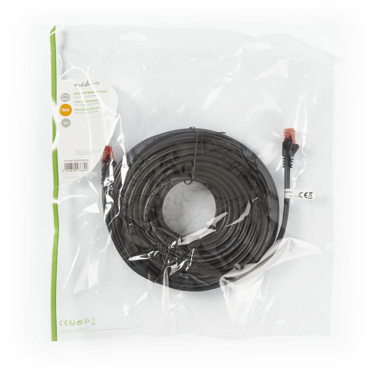 Cavo di rete nero in sacchetto di plastica. Due connettori RJ45 rossi visibili. Il cavo è arrotolato.
