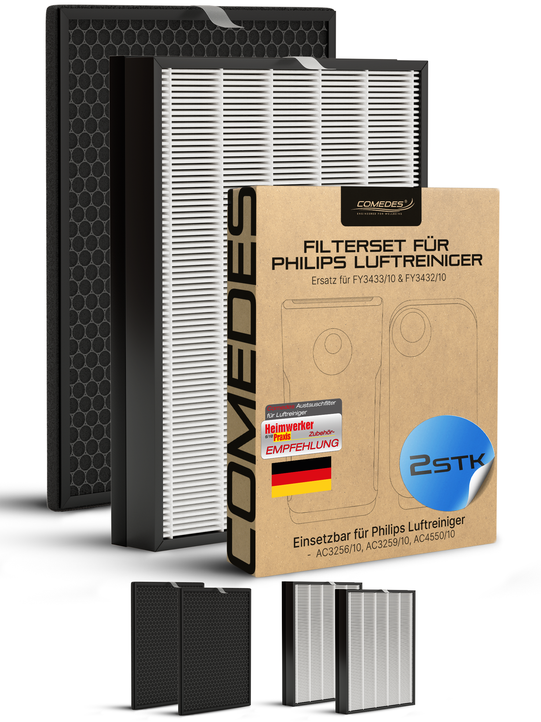 Luftfilterset für Philips Luftreiniger, zwei Filter und eine Box mit Details und Logos.