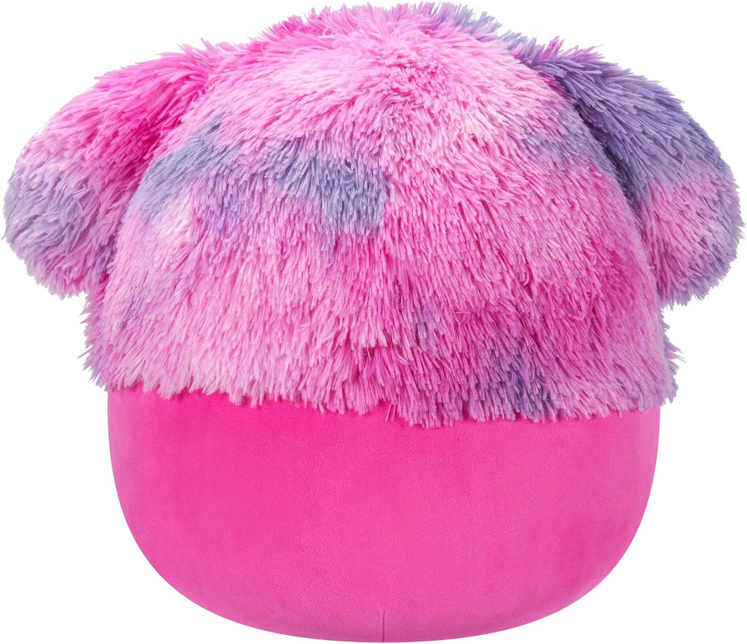 Un peluche rosa e viola con grandi orecchie sopra una base rosa. È un peluche.