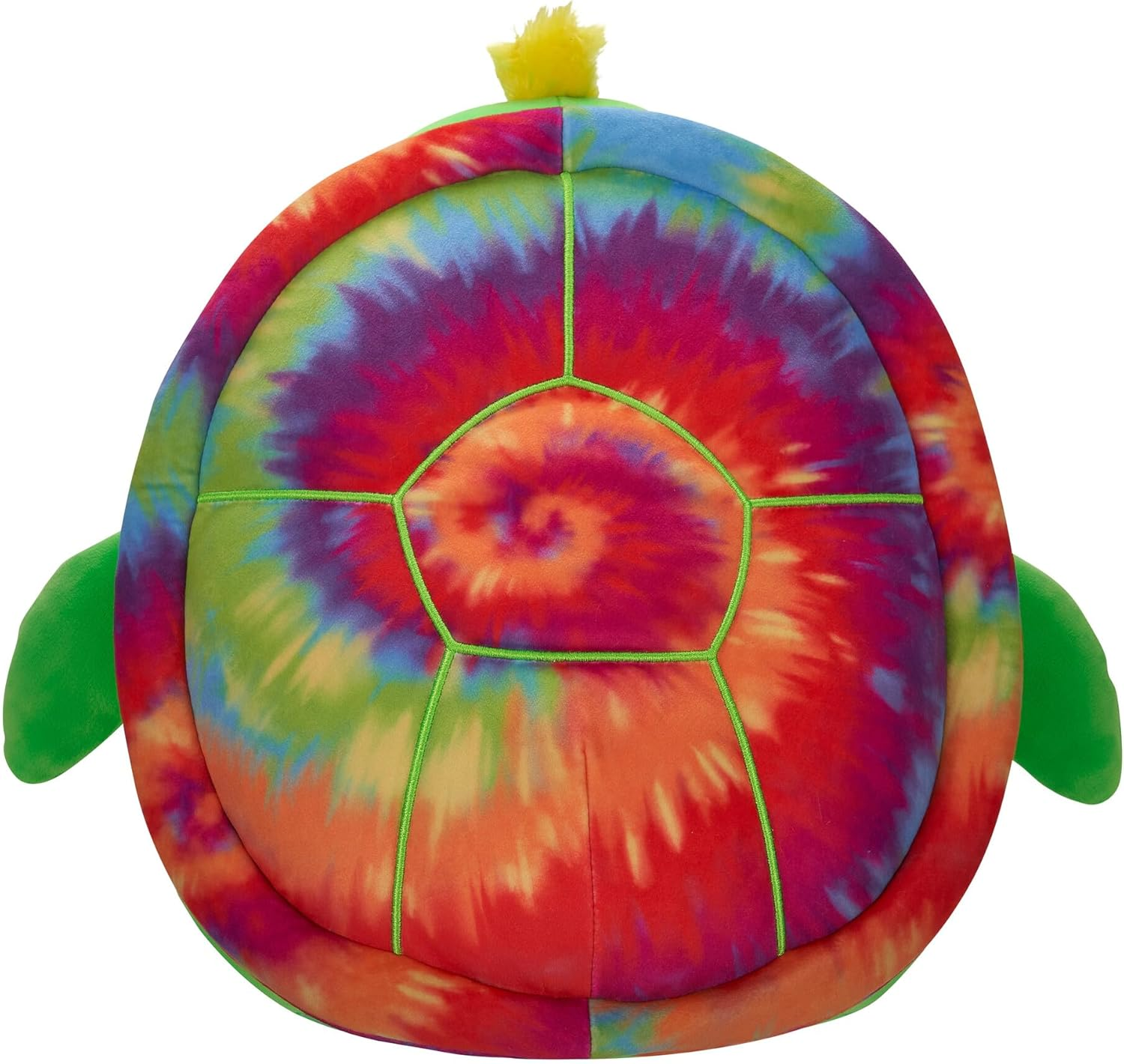 Peluche tartaruga tie-dye con bordi verdi. Ciuffo giallo in alto. Sfondo bianco.