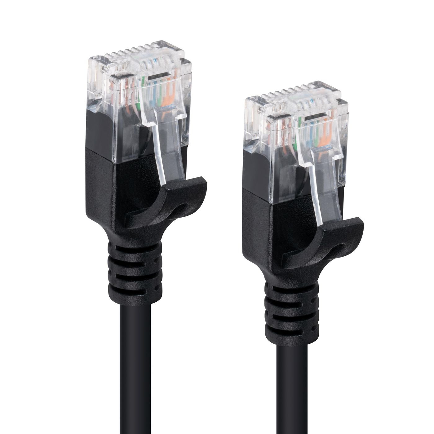 Deux câbles Ethernet noirs avec connecteurs transparents sur blanc.