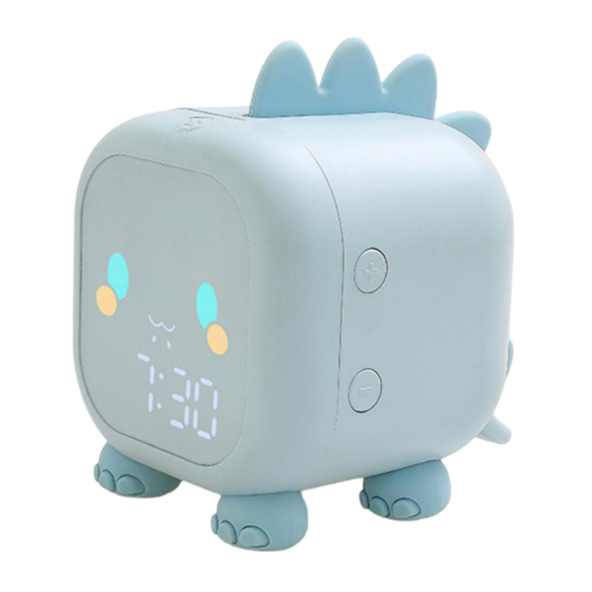 Reloj despertador digital azul en forma de dinosaurio con pantalla 7:30, botones y pies.